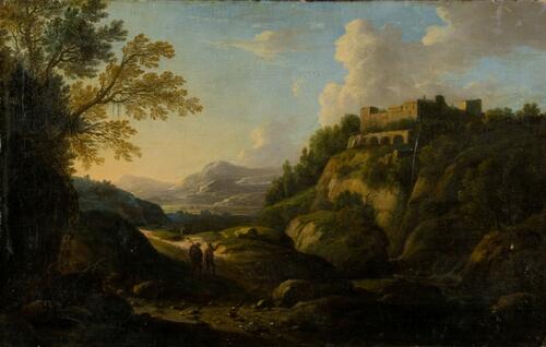 4. Неизвестный художник.<br>Пейзаж с замком и путниками.<br>XVIII в.<br>Холст, масло. 37,8х59,8 см.