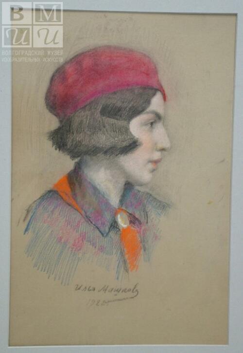 Машков.<br>Портрет девушки в малиновом берете и красном галстуке 1922