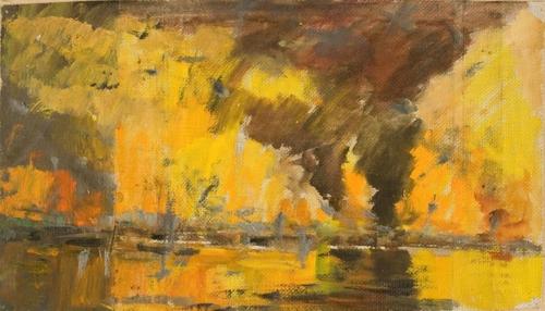 Черникова Н.Е. (1916-2010).<br>Вид на горящий город. Сталинград, август 1942 г. 1942.<br>Картон, масло. 20,5х32,0 см.