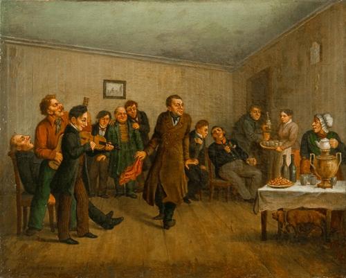 Соломаткин Леонид Иванович (1837 - 1883).<br>Вечеринка у приказчика (В раме).<br>1850-е.<br>Холст, масло. 48,0х60,0 см.