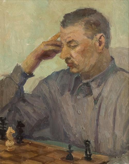 Черникова Н.Е. (1916-2010).<br>За шахматами. Бригадир Яша.<br>Холст, масло. 47х37 см.