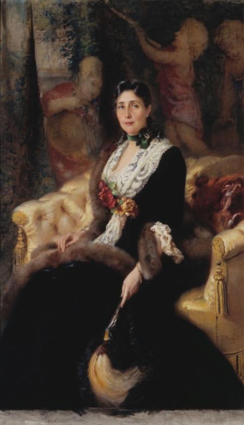 Маковский Константин Егорович (1839 - 1915).<br>Портрет неизвестной в черном платье.<br>1885.<br>Холст, масло. 188,0х112,0 см.