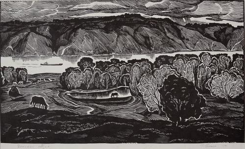 Гречкин Петр Федорович (1907-1990).<br>Донской пейзаж. 1979.<br>Бумага, линогравюра. 44х70 см, 38х68,3 см.