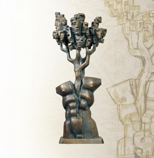 Древо Адама 12х55х39 см бронза, 2002 г. Adam Tree 120x55x39 cm bronze, 2002 Мощный торс первого человека - Адама - дает жизнь всему человечеству. Из разъятого объема, как из почки, произрастает Древо Жизни.