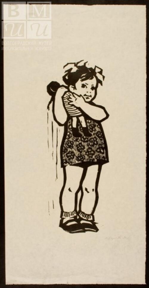 Девочка с куклой. (из серии Дети) 1964. бумага, линогравюра.67,5х37