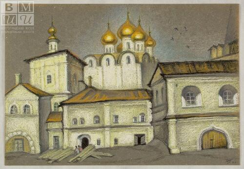Реставрация монастыря. из серии Возрожденные храмы. 2001. бумага тонированная, пастель. 36х52